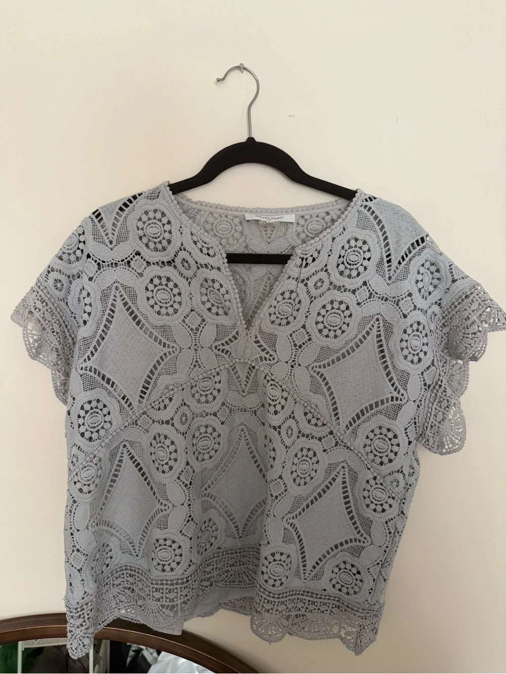 Gerard Darel Light Gray Crochet Lace V-Notch Top - Picture 1 of 3